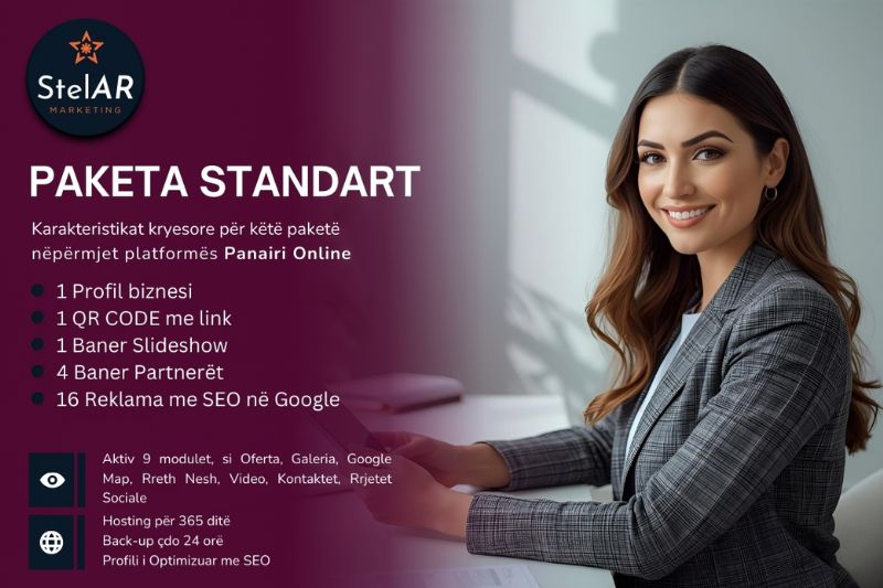 Paketa STANDART me 16 reklama dhe Profil biznesi me domain në platformën Panairi Online, website ne Google me SEO, Dyqan per shitje online, paniri online marketing, si funksionon paniri online, agjenci reklame online, shërbime marketingu